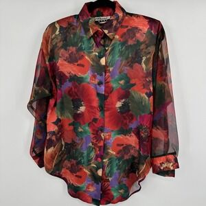 Vintage Marnie‎ West Shirt Womens Small Sheer Floral Button Up Made USA